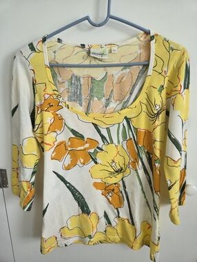 Porridge Yellow & Orange Floral Scoop Neck 3/4 Sleeve Top 100% Cotton